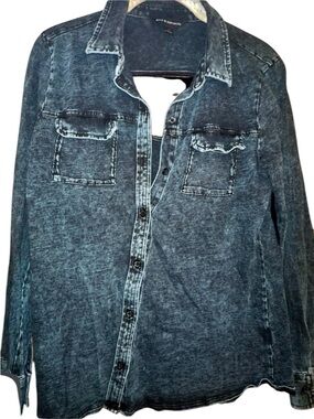 Rock & Republic Washed Denim Button-Down Shirt with reverse keyhole